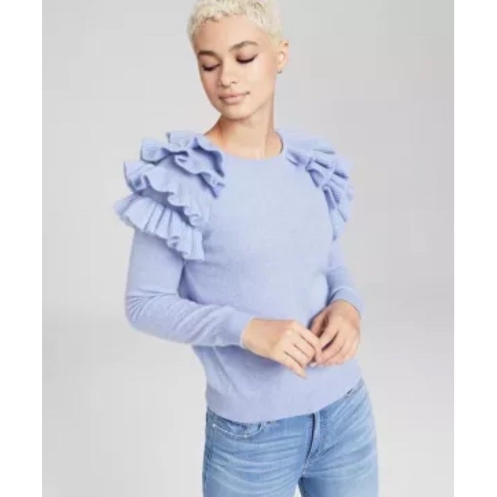 Charter Club Luxury 100% Cashmere Cha Cha Ruffle Sweater Light Blue Bust 39